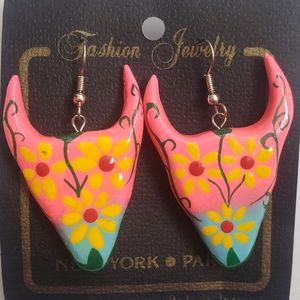 Wooden Cow Skull Hand-painted Earrings